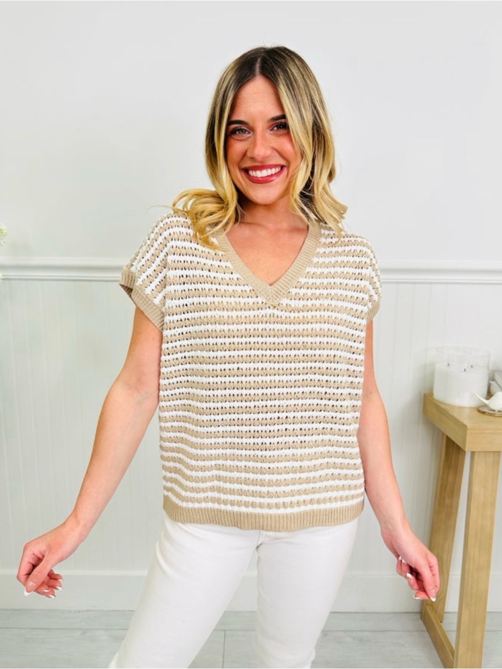 Cyrus Striped V-Neck Knit Shell in Beige & White Size Small